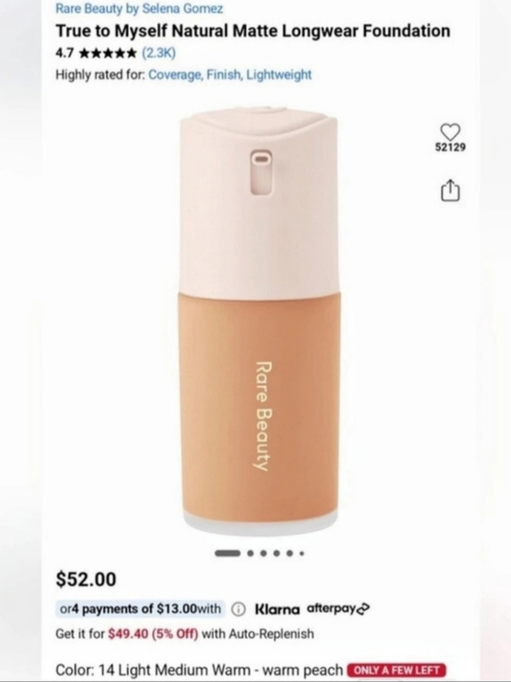 Rare Beauty True to Myself Natural Matte Longwear Foundation Shade 14